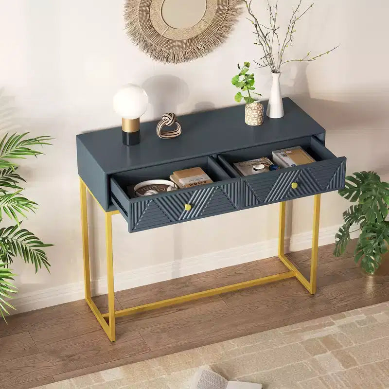 MDF Narrow Console Table with 2 Drawers and Gold Legs 38''