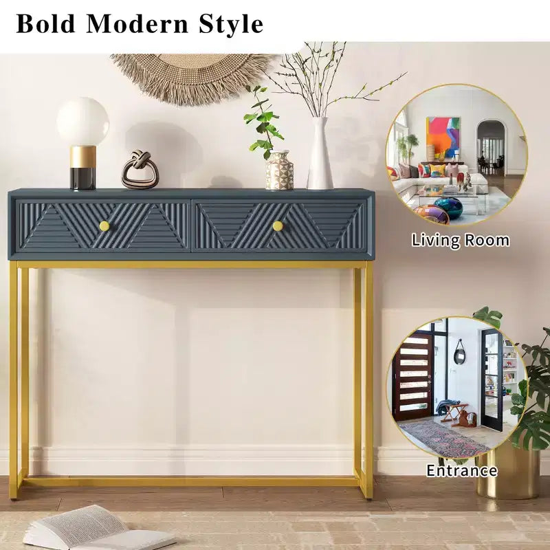 MDF Narrow Console Table with 2 Drawers and Gold Legs 38''