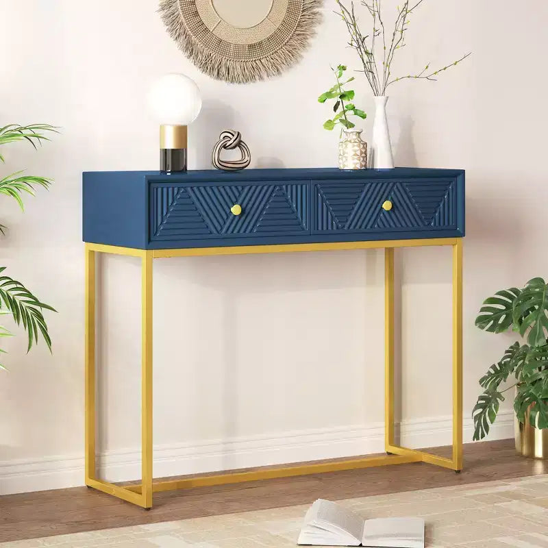 MDF Narrow Console Table with 2 Drawers and Gold Legs 38''