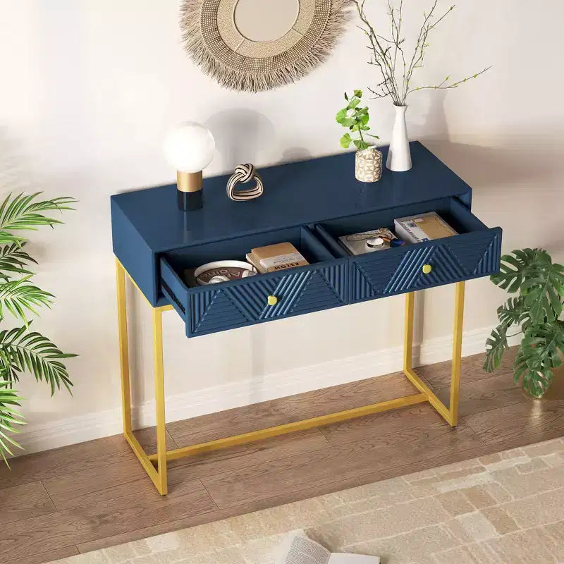 MDF Narrow Console Table with 2 Drawers and Gold Legs 38''