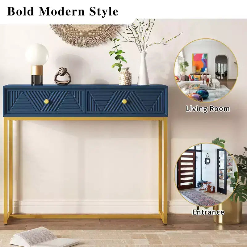 MDF Narrow Console Table with 2 Drawers and Gold Legs 38''