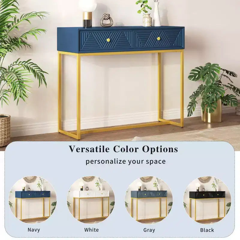 MDF Narrow Console Table with 2 Drawers and Gold Legs 38''