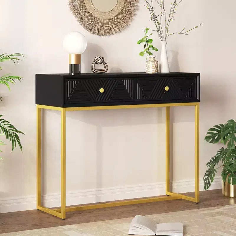 MDF Narrow Console Table with 2 Drawers and Gold Legs 38''