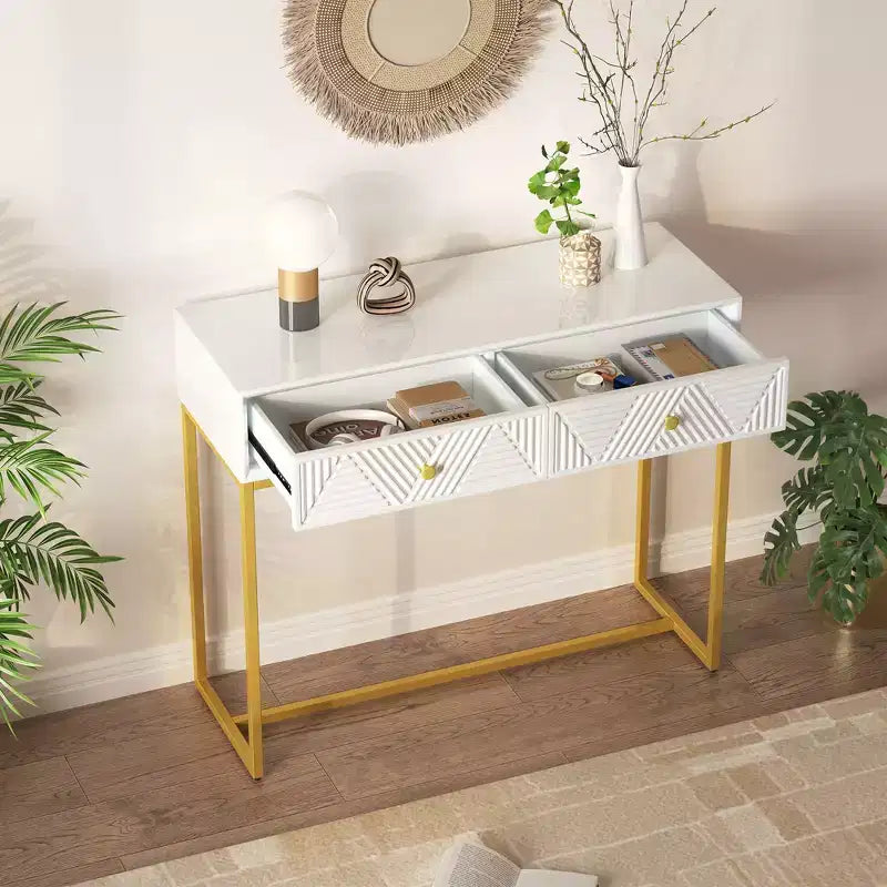 MDF Narrow Console Table with 2 Drawers and Gold Legs 38''