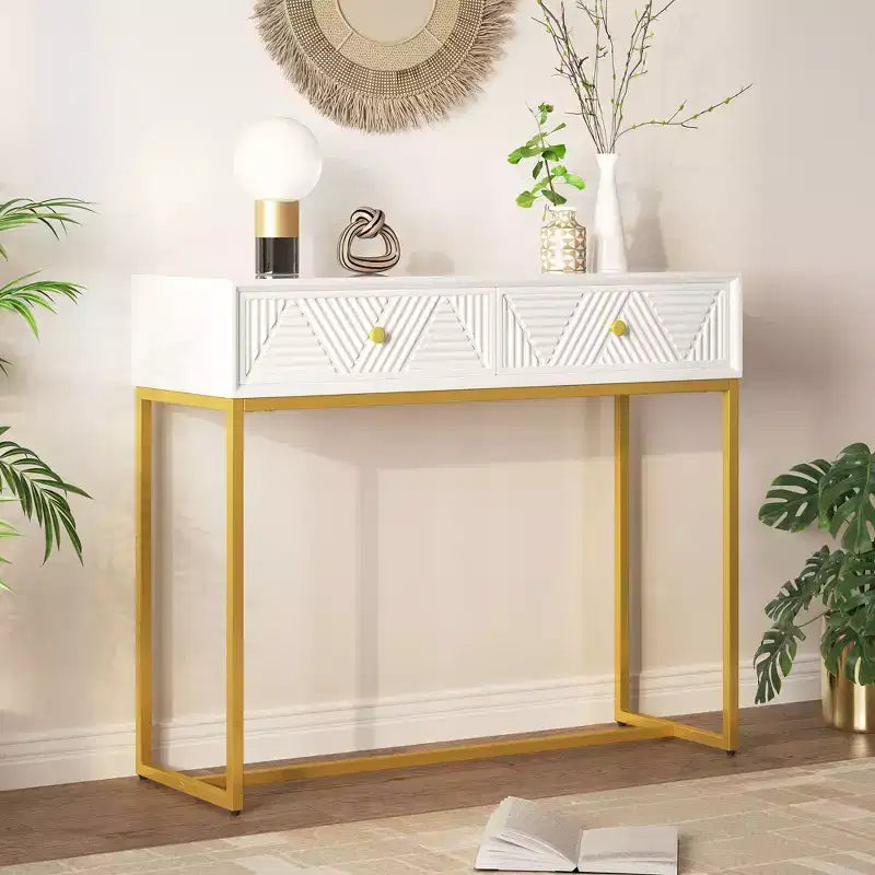 MDF Narrow Console Table with 2 Drawers and Gold Legs 38''