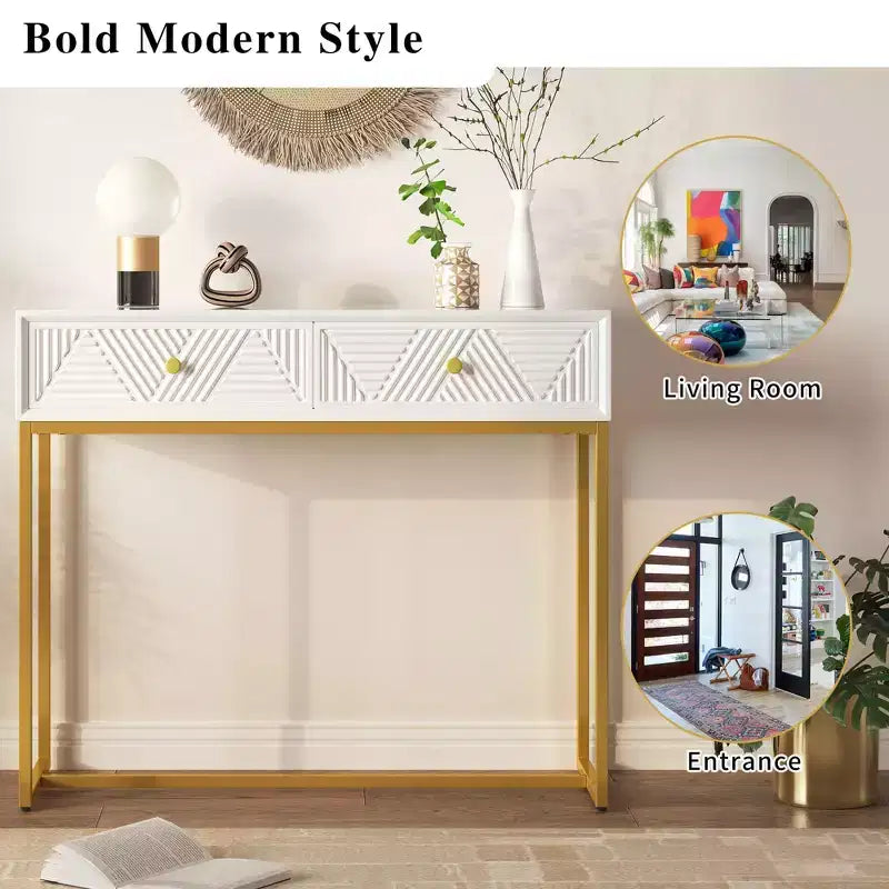MDF Narrow Console Table with 2 Drawers and Gold Legs 38''