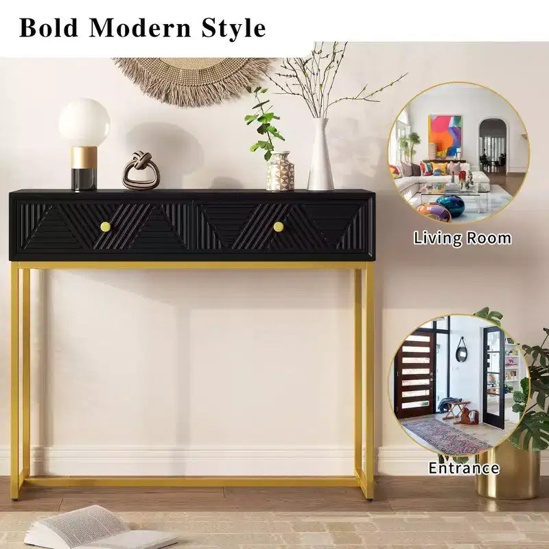MDF Narrow Console Table with 2 Drawers and Gold Legs 38''