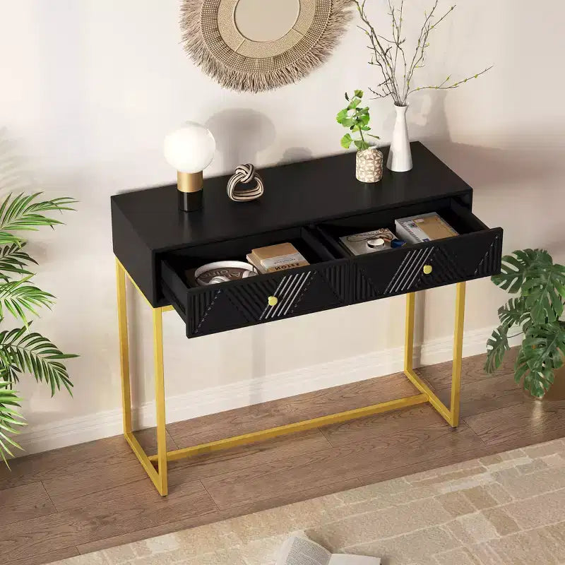 MDF Narrow Console Table with 2 Drawers and Gold Legs 38''