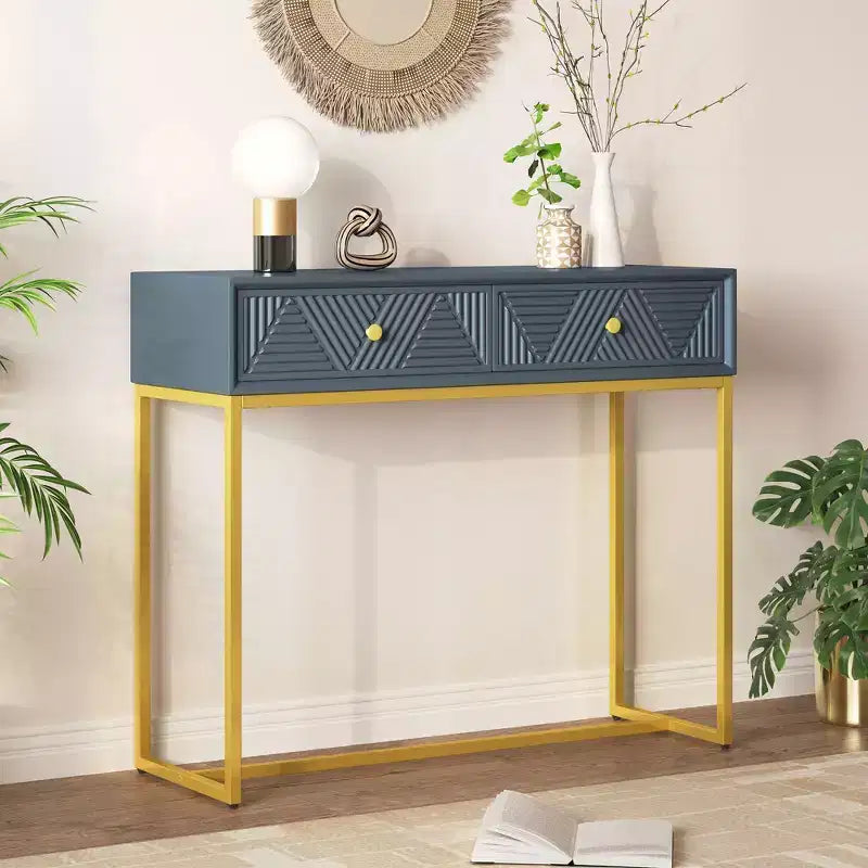 MDF Narrow Console Table with 2 Drawers and Gold Legs 38''