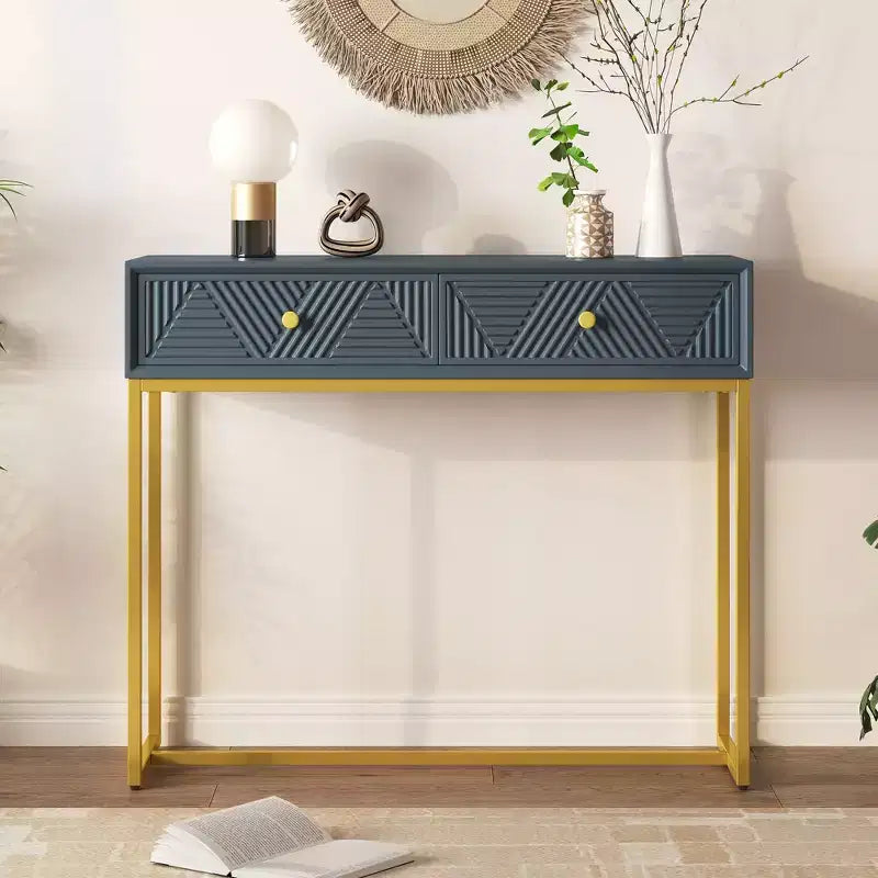 MDF Narrow Console Table with 2 Drawers and Gold Legs 38''