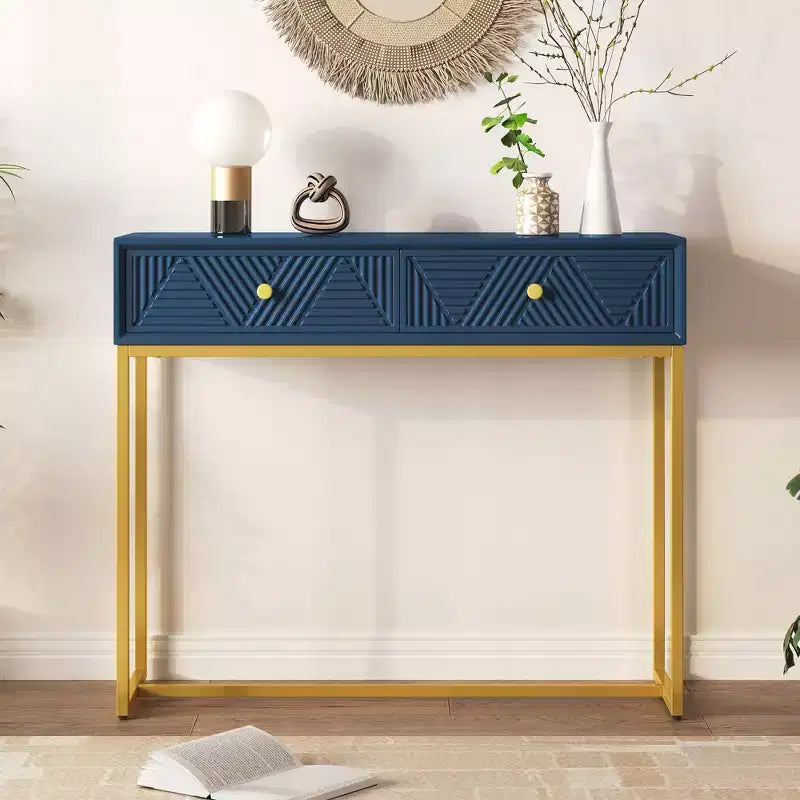MDF Narrow Console Table with 2 Drawers and Gold Legs 38''