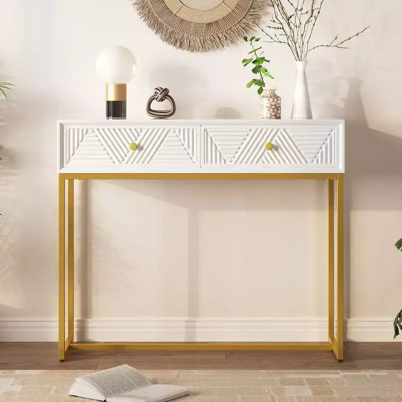 MDF Narrow Console Table with 2 Drawers and Gold Legs 38''