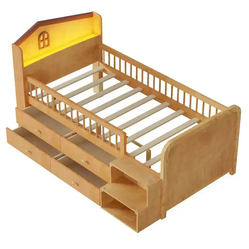 Pine MDF Twin Low Loft Bed with LED Lights and Storage Drawers 82.3''