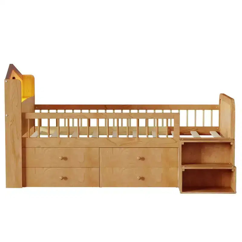 Pine MDF Twin Low Loft Bed with LED Lights and Storage Drawers 82.3''