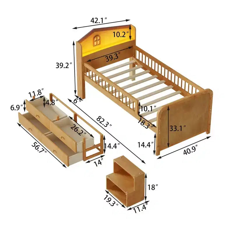 Pine MDF Twin Low Loft Bed with LED Lights and Storage Drawers 82.3''