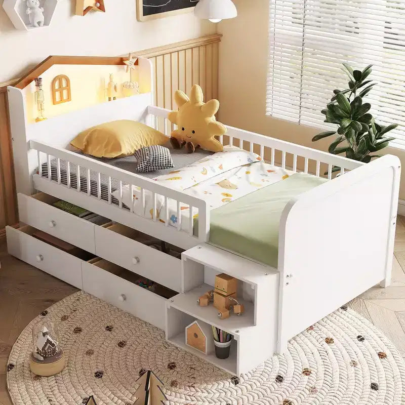 Pine MDF Twin Low Loft Bed with LED Lights and Storage Drawers 82.3''