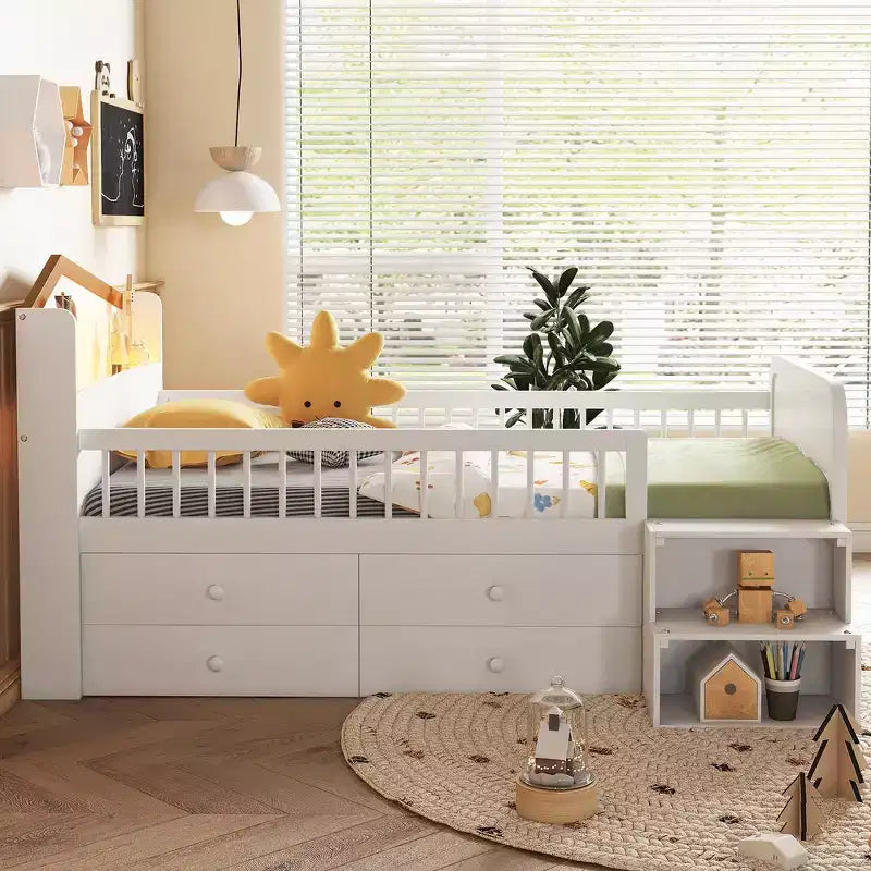 Pine MDF Twin Low Loft Bed with LED Lights and Storage Drawers 82.3''