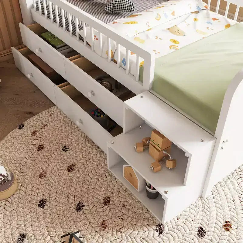 Pine MDF Twin Low Loft Bed with LED Lights and Storage Drawers 82.3''