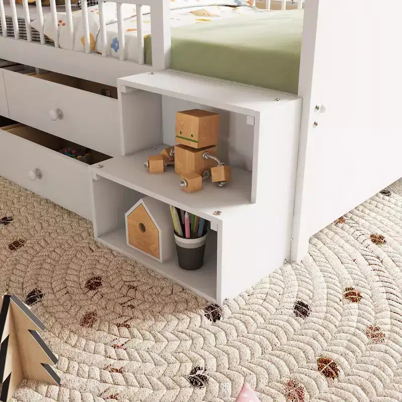 Pine MDF Twin Low Loft Bed with LED Lights and Storage Drawers 82.3''