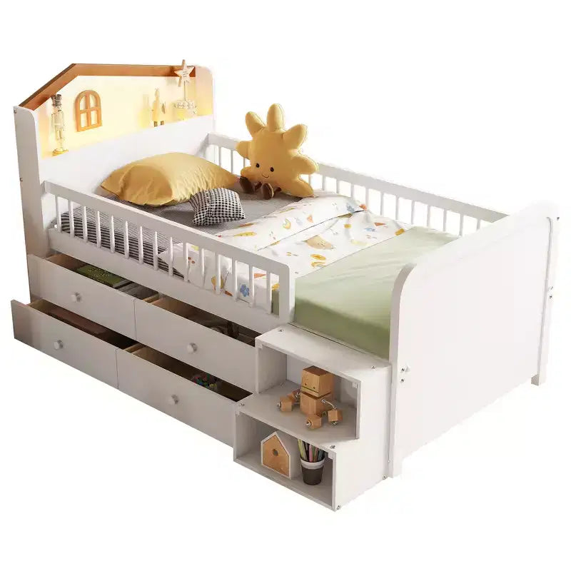 Pine MDF Twin Low Loft Bed with LED Lights and Storage Drawers 82.3''