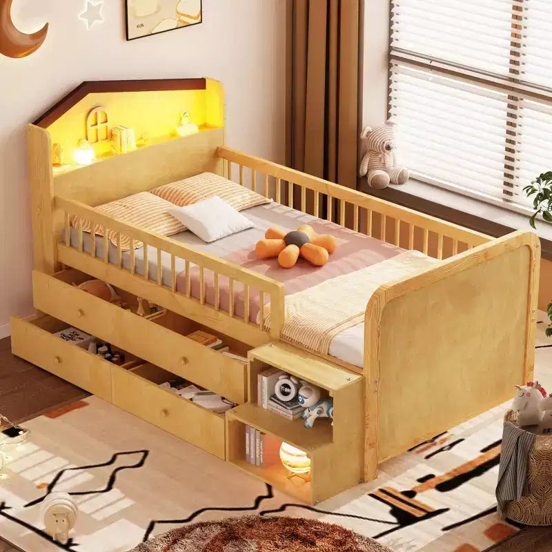 Pine MDF Twin Low Loft Bed with LED Lights and Storage Drawers 82.3''