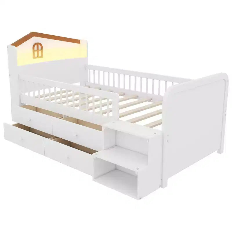 Pine MDF Twin Low Loft Bed with LED Lights and Storage Drawers 82.3''