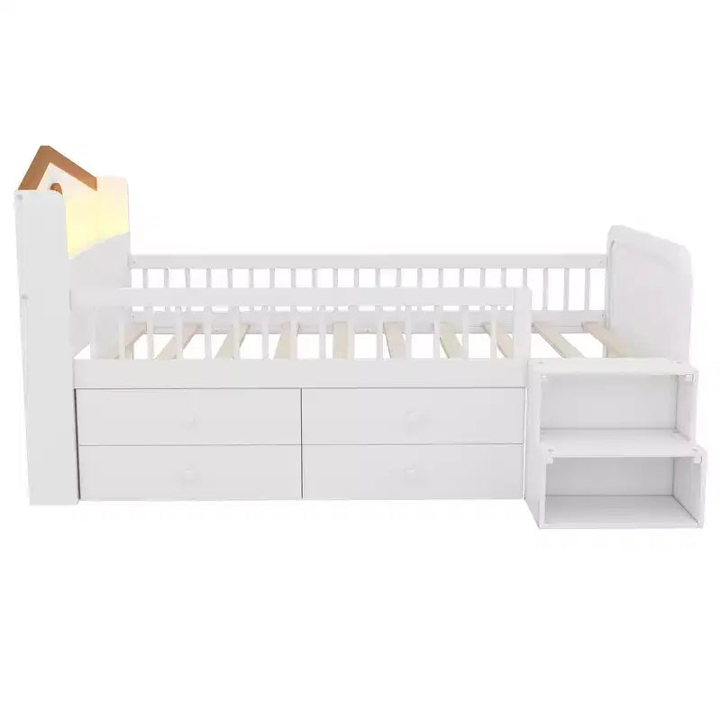 Pine MDF Twin Low Loft Bed with LED Lights and Storage Drawers 82.3''