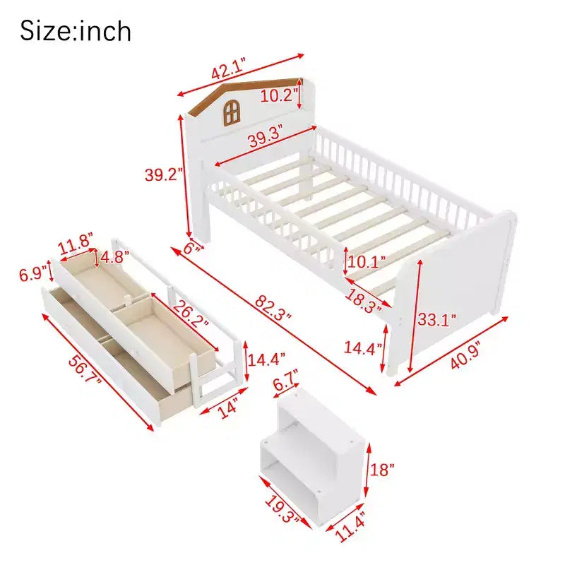 Pine MDF Twin Low Loft Bed with LED Lights and Storage Drawers 82.3''