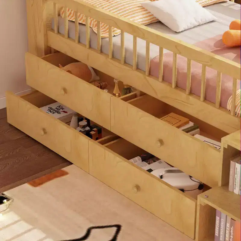 Pine MDF Twin Low Loft Bed with LED Lights and Storage Drawers 82.3''