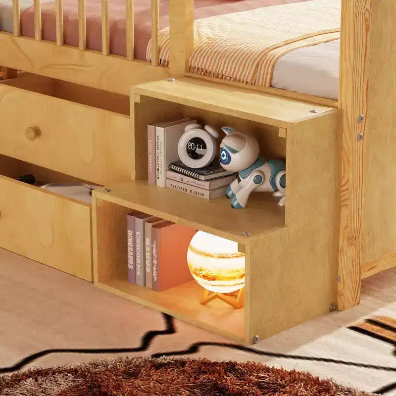 Pine MDF Twin Low Loft Bed with LED Lights and Storage Drawers 82.3''