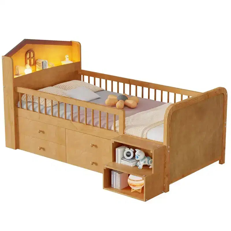 Pine MDF Twin Low Loft Bed with LED Lights and Storage Drawers 82.3''