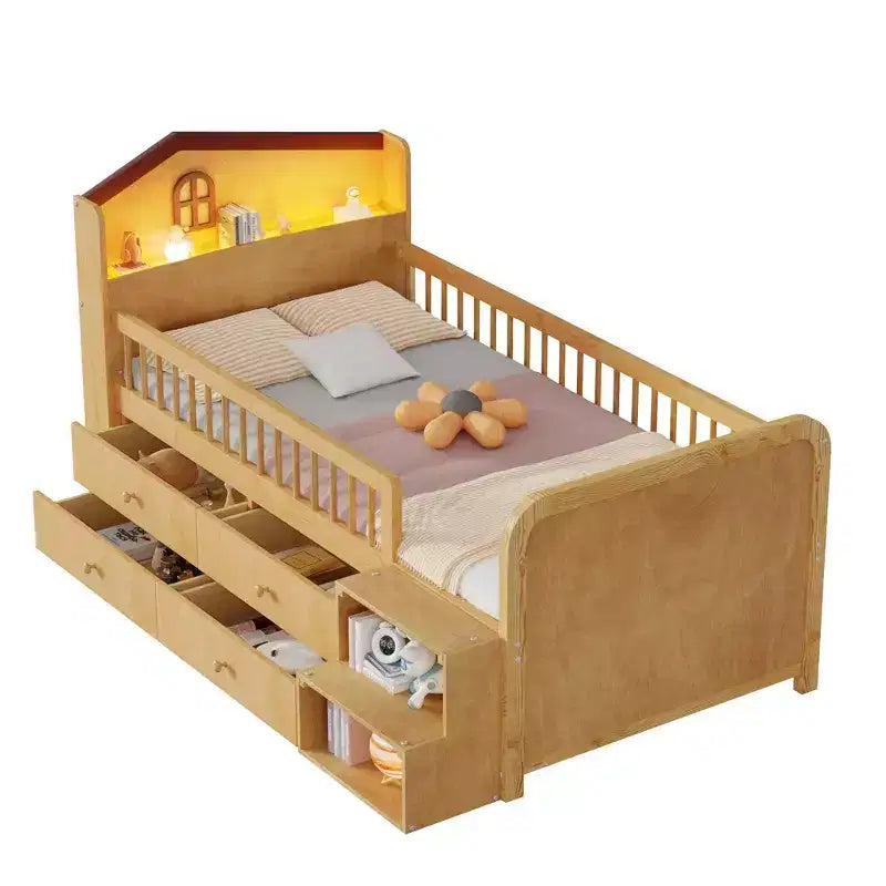 Pine MDF Twin Low Loft Bed with LED Lights and Storage Drawers 82.3''