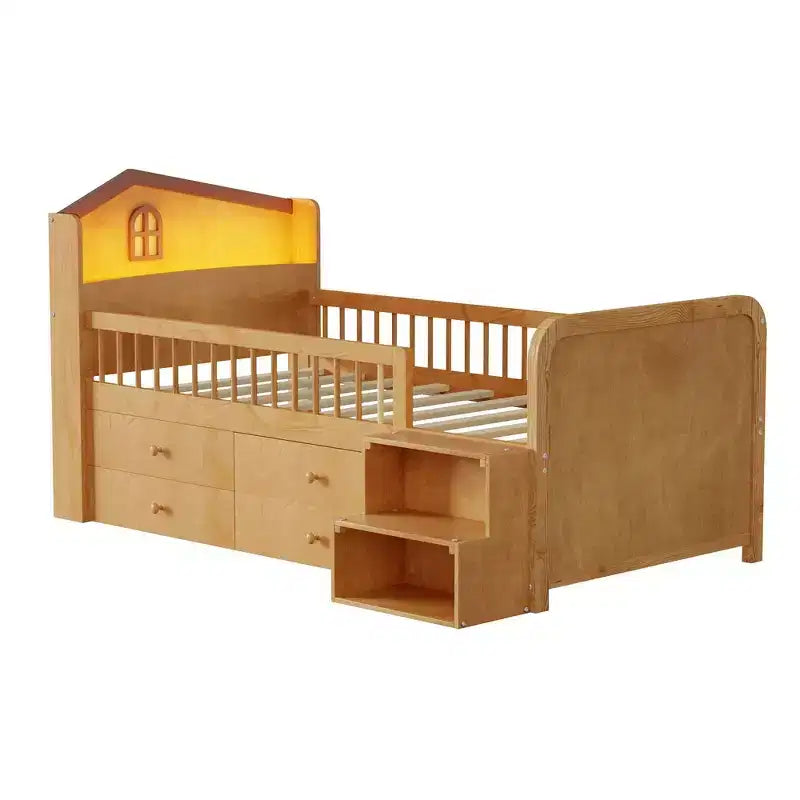 Pine MDF Twin Low Loft Bed with LED Lights and Storage Drawers 82.3''