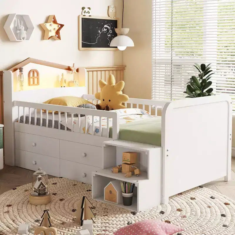 Pine MDF Twin Low Loft Bed with LED Lights and Storage Drawers 82.3''