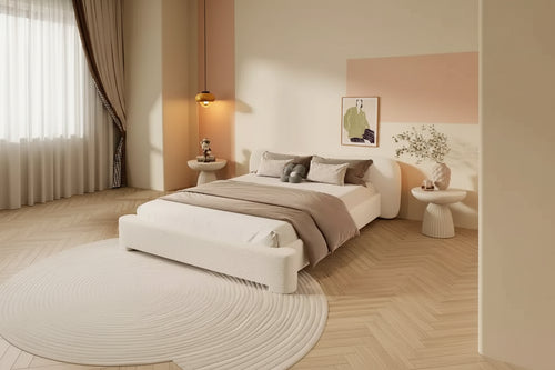 Elegant Platform Bed, Boucle Fabric Upholstered Bed Frame with Soft Headboard, Full/Queen/King Size, White - ModernLuxe