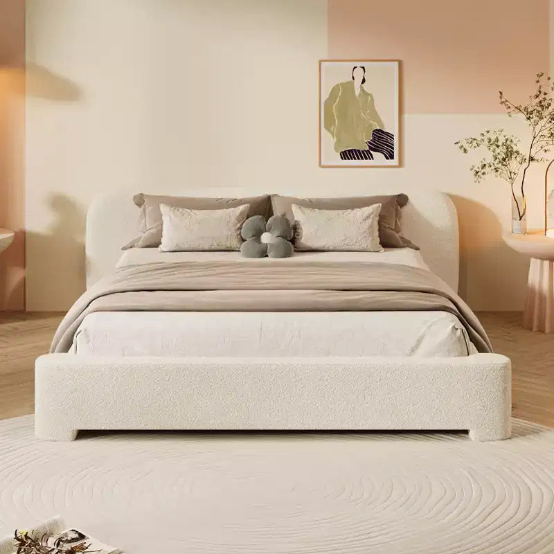 Boucle Fabric Birch Wood Platform Bed with Curved Headboard Full/Queen/King