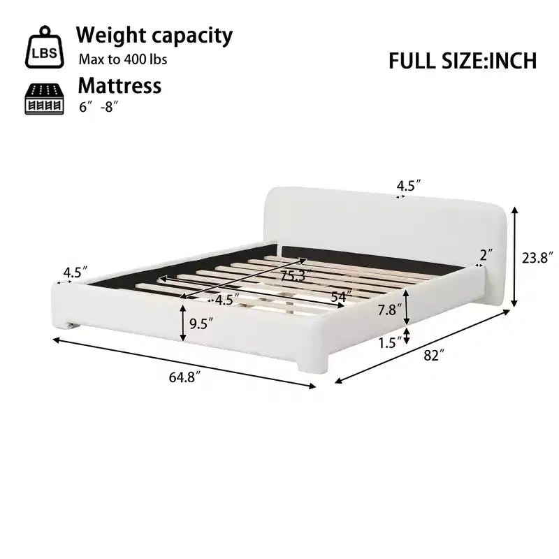 Boucle Fabric Birch Wood Platform Bed with Curved Headboard Full/Queen/King