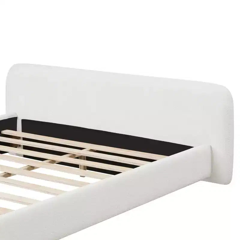Boucle Fabric Birch Wood Platform Bed with Curved Headboard Full/Queen/King