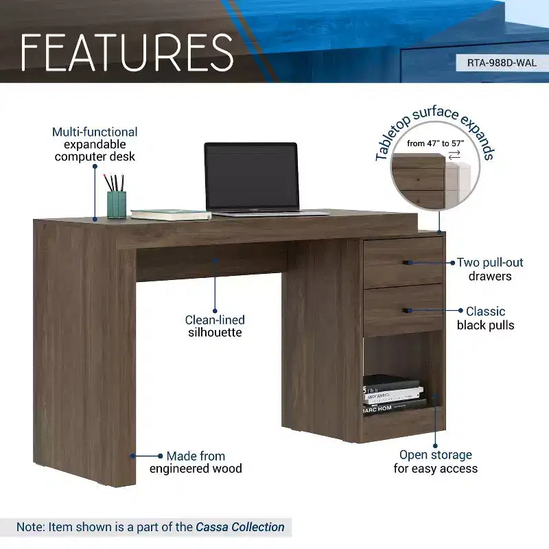 MDF Expandable Home Office Desk with 2 Drawers and Shelf 47.5''