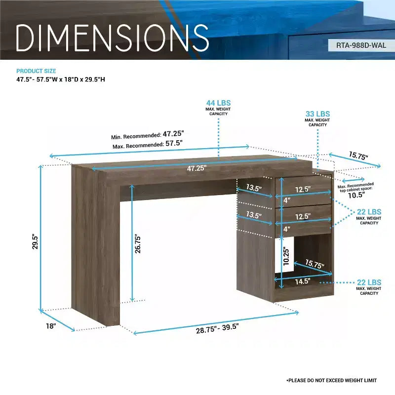 MDF Expandable Home Office Desk with 2 Drawers and Shelf 47.5''