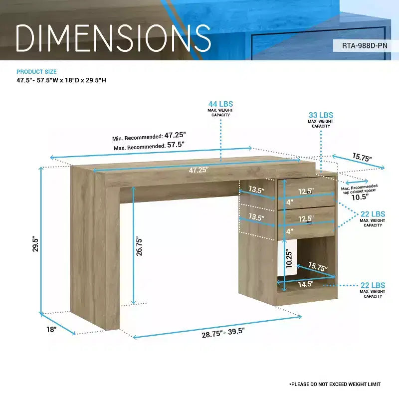 MDF Expandable Home Office Desk with 2 Drawers and Shelf 47.5''