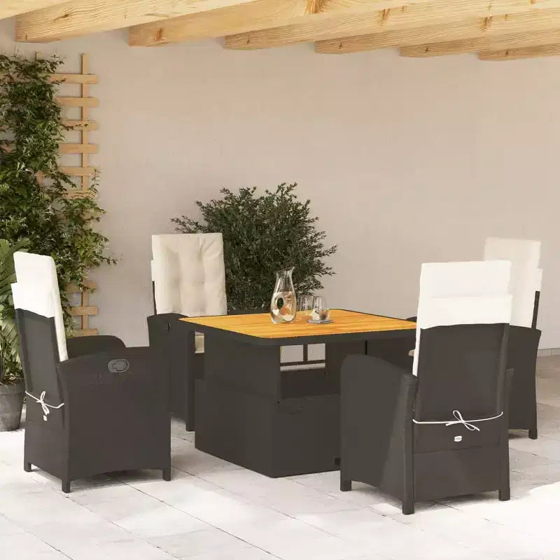 vidaXL Ensemble de salle à manger d'extérieur 5 pièces - Résine tressée, Chaises inclinables réglables avec coussins et table relevable pour jardin, arrière-cour, patio - Noir/Marron
