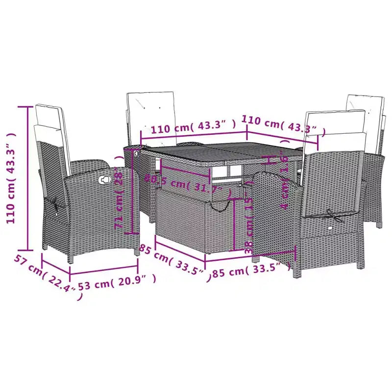 vidaXL Ensemble de salle à manger d'extérieur 5 pièces - Résine tressée, Chaises inclinables réglables avec coussins et table relevable pour jardin, arrière-cour, patio - Noir/Marron