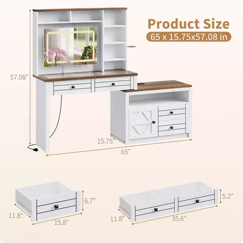 Wood Corner Makeup Vanity with LED Mirror and Glass Top