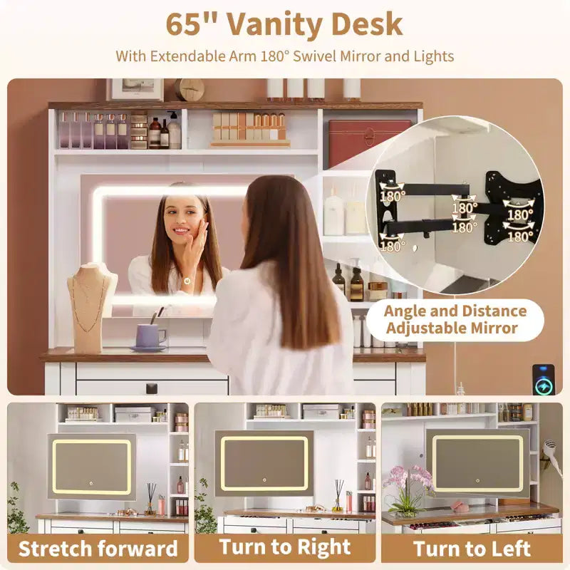 Wood Corner Makeup Vanity with LED Mirror and Glass Top