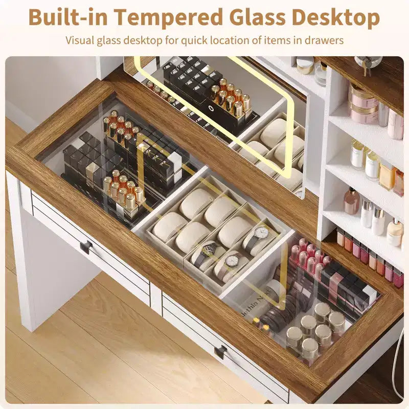 Wood Corner Makeup Vanity with LED Mirror and Glass Top