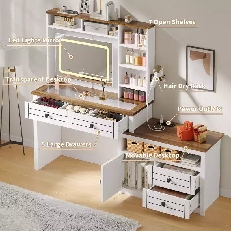 Wood Corner Makeup Vanity with LED Mirror and Glass Top