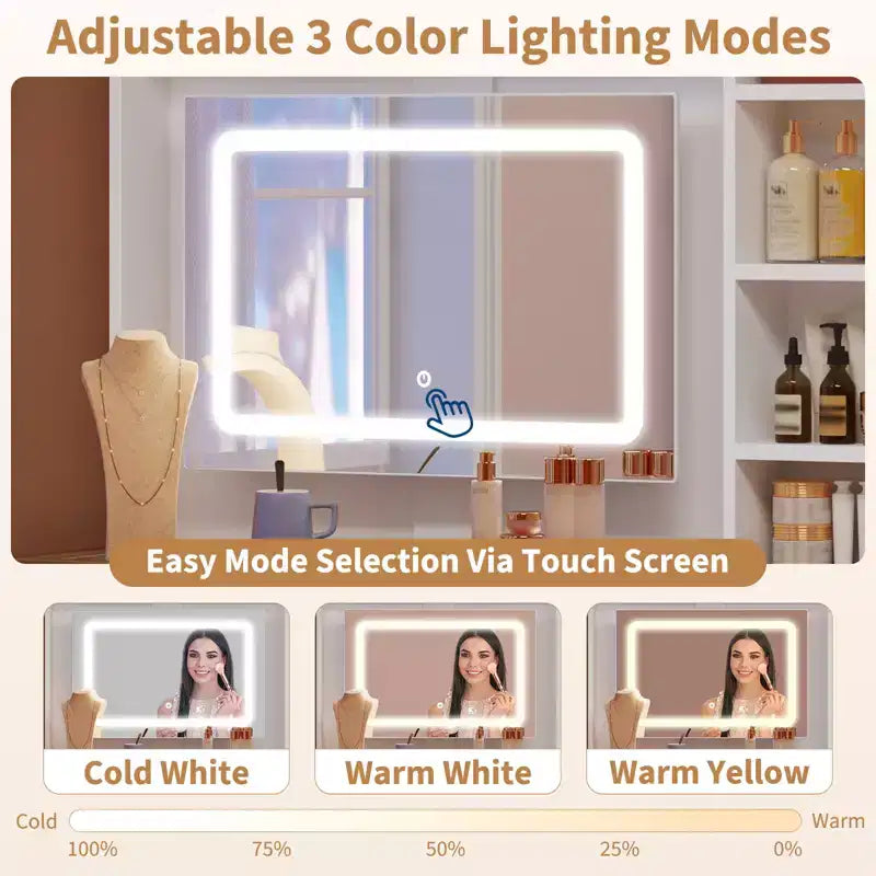 Wood Corner Makeup Vanity with LED Mirror and Glass Top