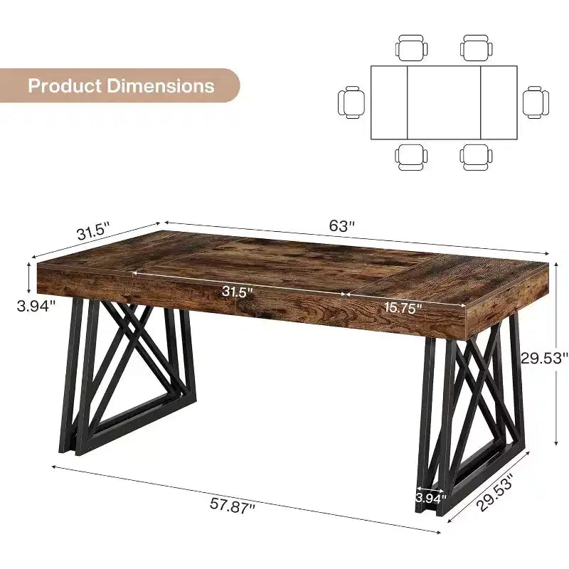 Wood MDF Rectangular Dining Table with Metal Legs 63''