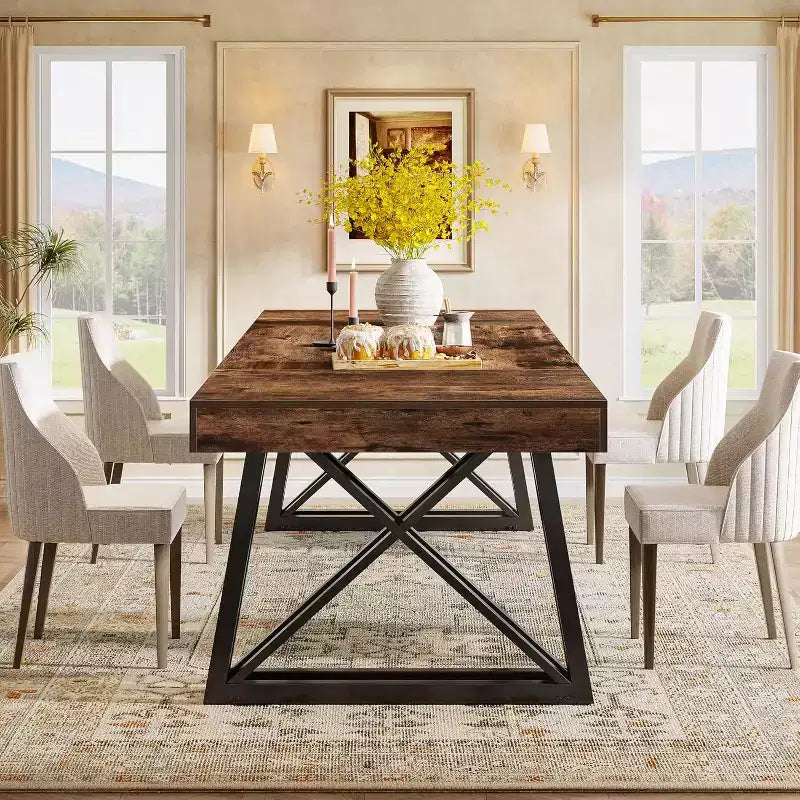 Wood MDF Rectangular Dining Table with Metal Legs 63''
